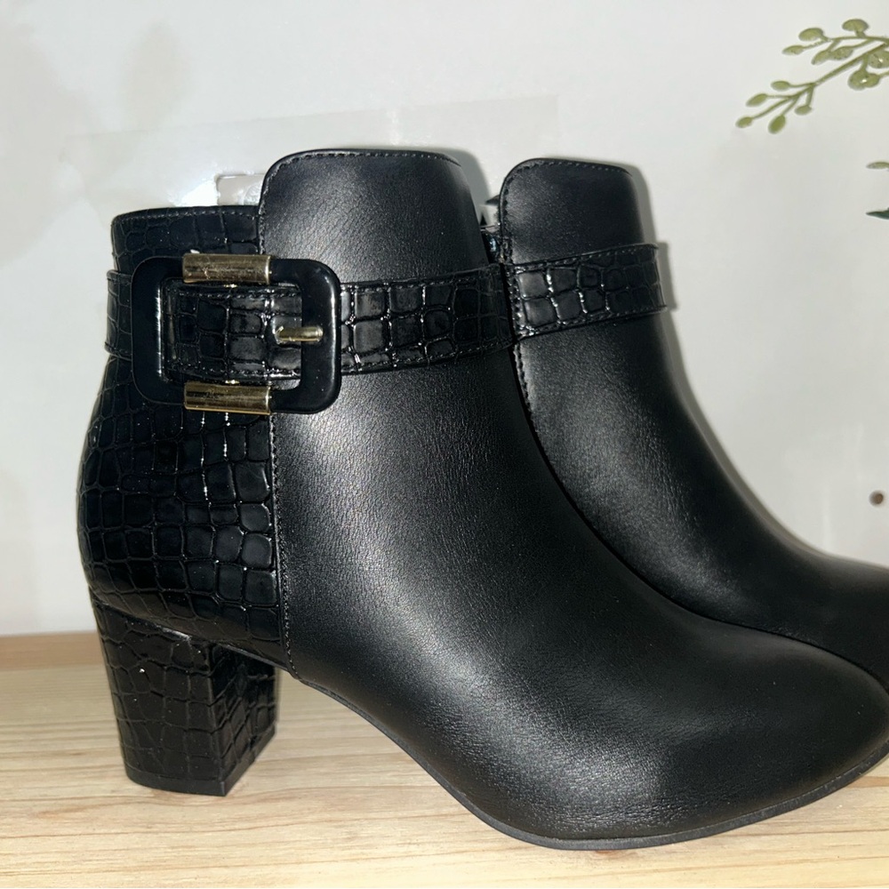Black Croc-Embossed Ankle Boots